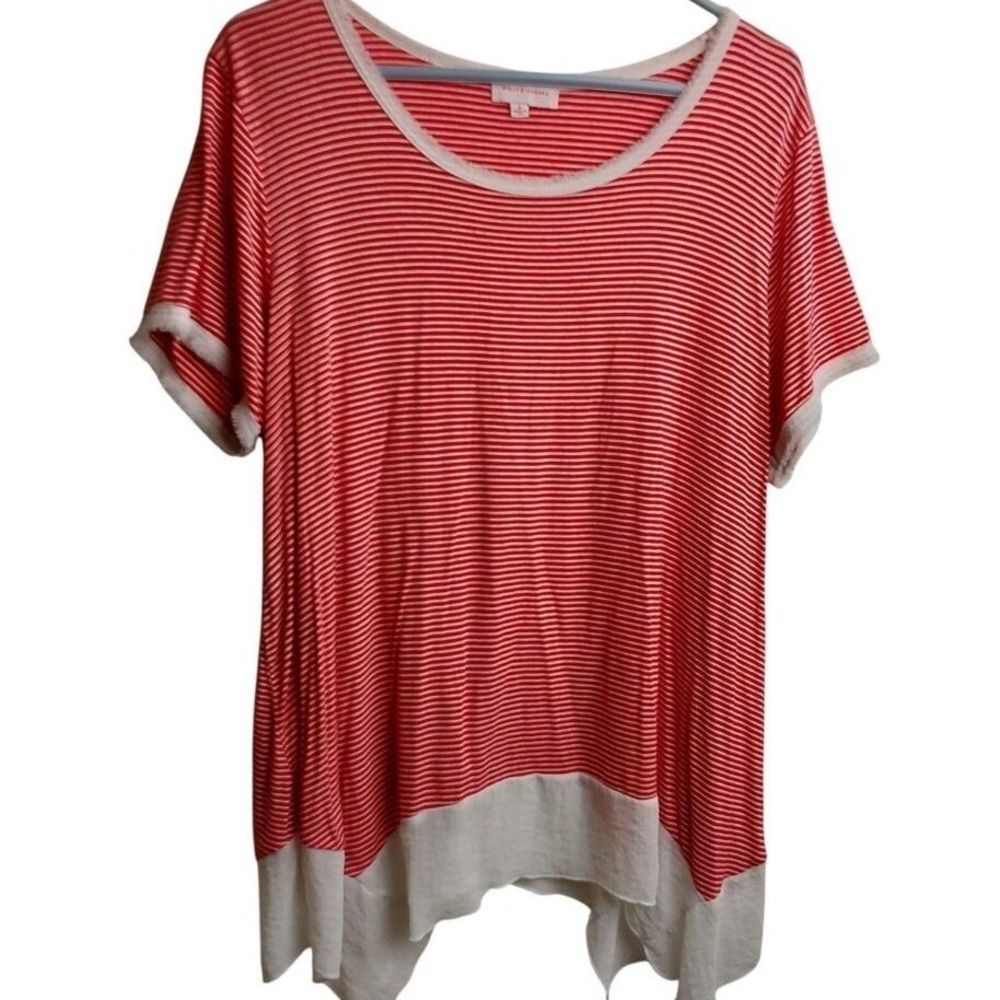Molly & Isadora Red White Striped Sharkbite Hem Fringe Trim Top 1X Made in USA